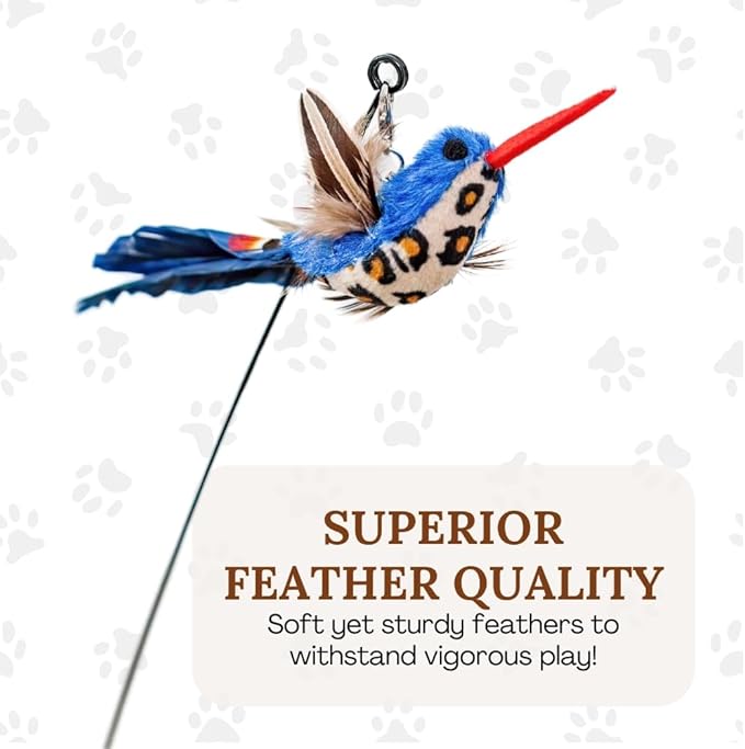 Interactive Cat Toys for Indoor Cats - 5 Replacement Feathers with Bells - Teaser Wand Toy - Self Play Bird Simulation - Bored Adult Feline Hunting Solo Chaser Activity - Kitten Juguetes para Gatos
