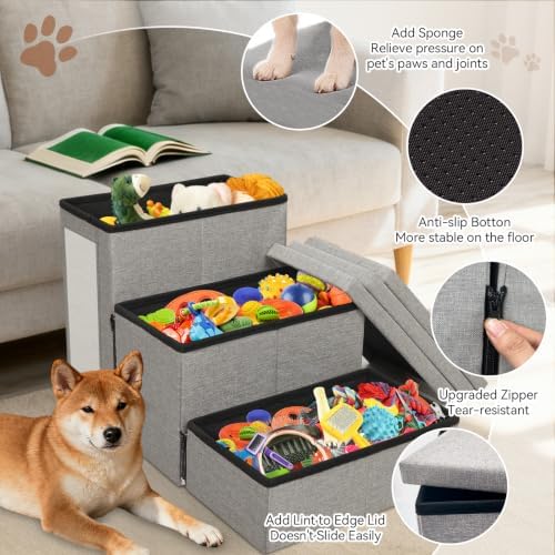 Zerbuger Dog Stairs with Storage, Grey Cat Scratcher 3 Steps Ramp no Condo - Image 7