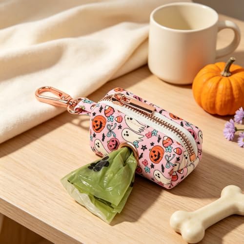 ARING PET Halloween Dog Poop Bag Holder, Cotton Puppy Pink Pumpkin Ghost Waste Bag Dispenser Attach to Any Leashes, Portable Washable Pet Waste Pouch Holder with Two Rolls of Bags - Image 2