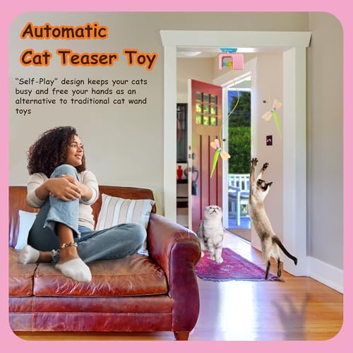 Automatic Interactive Hanging Rope Cat Toy,3 Feather Refills,Pink - Image 2