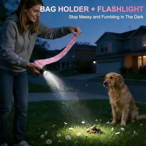 Dog Poop Bag Holder with Flashlight 7-Color, USB-C Rechargeable Poop Bag Displenser for Leashes, IPX6 Waterproof Anti-Slip Clip Pet Waste Bag Holder for Walking (1 Dispenser, 30 Bags) - Image 2