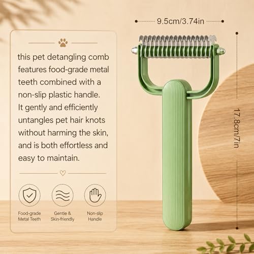 Double Sided Dematting Comb For Dogs And Cats, Undercoat Rake For Shedding, Detangling And Dematting Long, Matted Fur On Cats And Dogs (Green) - Image 2