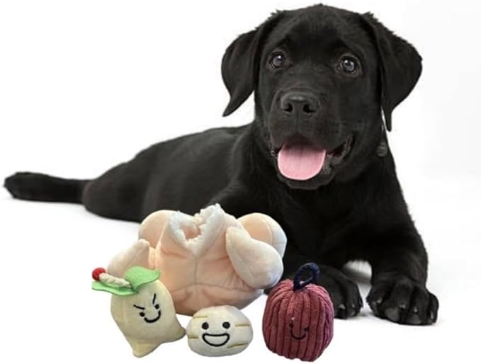 Glow Pups Plush Dog Toy Set of 4, Interactive Squeaker Toys for Dogs, Plush Material, Hide and Seek Game, Food Parody Design, Peach Color, Fun and Durable for Puppies