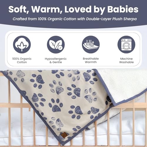Small Pet Blanket - 100% Organic Cotton, Double Layer Plush Sherpa, Soft Plush, Blue Paw Jacquard Knit, 30"x40", Small Dog Blanket, Ideal Cat Blanket - Soft and Warm - Image 2