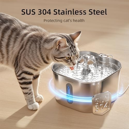 SARPAWS Cat Water Fountain Stainless Steel:74oz/2.2L Water Fountains for Cats Indoor, Cat Fountains for Drinking, Ultra-Quiet, Water Level Window, Pet Water Fountain - 2 Filters + 2 Sponges - Image 2