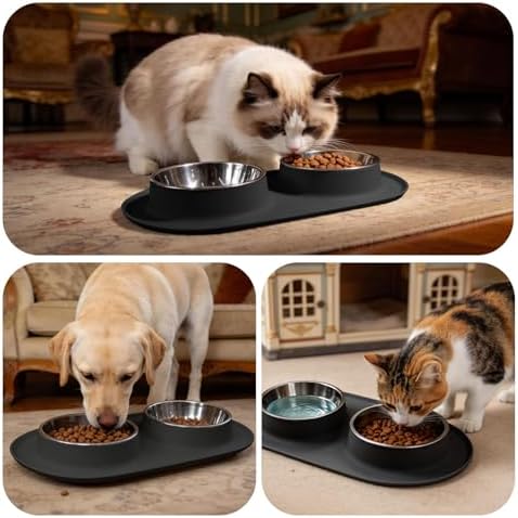 Double Cat Food Bowls with Silicone Base, Stainless Steel Dishes, Non-Slip Feeding & Water Station, Easy-Clean Pet Bowls for Cats, 1.75-Cup Capacity Each, Black - Image 7