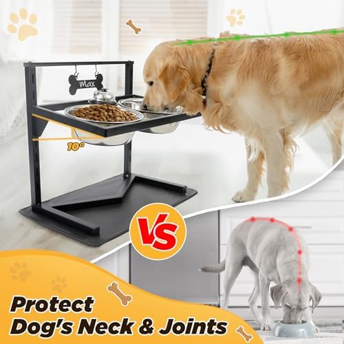 Grand Line Elevated Dog Bowls - 7 Height Adjustable, 10 Tilted Raised Stand With Spill Proof Mat, Two 1.5L Stainless Steel Food Water Bowls for Large Medium Small Dogs (15.4" H) - Image 2