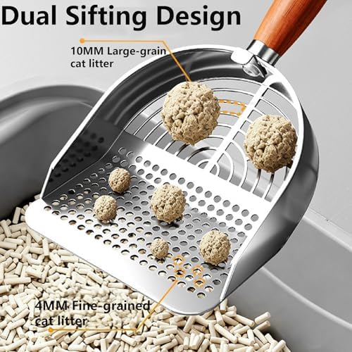 DHXYZZB Cat Litter Scoop 304 Stainless Steel Litter Shovel, Heavy Duty Litter Sifter, Litter Scooper with Wooden Handle Dual Sifting Design Perfect for Cat Litter Box Cleaning - Image 2
