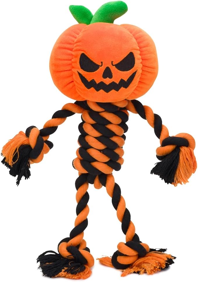 fabdog Dangly Pumpkin Rope Toy for Dogs, Jack O Lantern Shaped, Polyester Shell, for All Breed Sizes