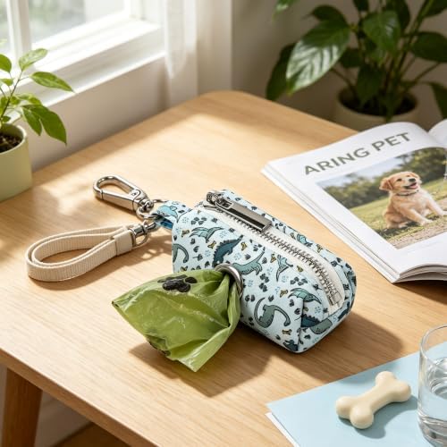 ARING PET Dinosaur Dog Poop Bag Holder, Cotton Puppy Blue Dino Waste Bag Dispenser Attach to Any Leashes, Portable Washable Pet Waste Pouch Holder with Two Rolls of Bags - Image 2