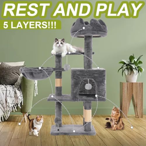 Cat Tree Tower with Hammock,40" Cat Trees for Indoor Cats Large Adult(Grey) - Image 2