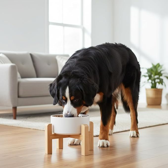 Elevated/Raised Ceramic Dog Bowl with Bamboo Stand,8 inch 7.6 Cups Non-Slip Heavy-Weighted Single Pet Dish,Reduces Neck Strain White