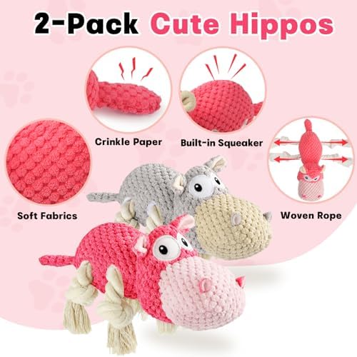 TOOPTATE 2-Pack Squeaky Hippo Dog Toys, Gray & Pink, Medium - Image 2