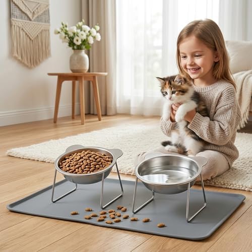Elevated Cat Bowl with Food Mat - 2 Pack 15°Tilted Stand Raised Bowl, Stainless Steel Whisker Friendly Anti Vomiting Food Water Dishes, Silicone Feeding Mat for Cats Puppy Kitten Small Dog - Image 7