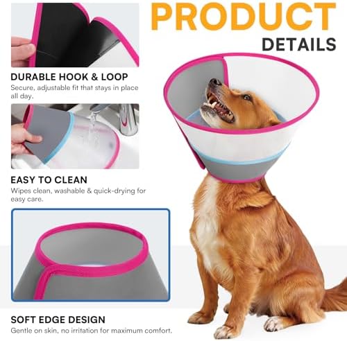 Queenmore Dog Cone - Soft Cone for Dogs to Stop Licking Transparent Elizabeth Recovery Collar for Large Dog Flexible Plastic Cones for Dogs After Surgery, Normal Eating and Drinking, Rose Red Large - Image 2