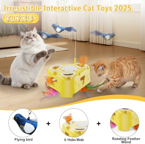 Automatic Cheese-Shaped Interactive Cat Toy – Flying Bird, 6-Hole Mole & Rotating Feather | USB Rechargeable Electronic Feather Toy for Indoor Adult Cats & Kittens, Relieves Boredom - Image 2