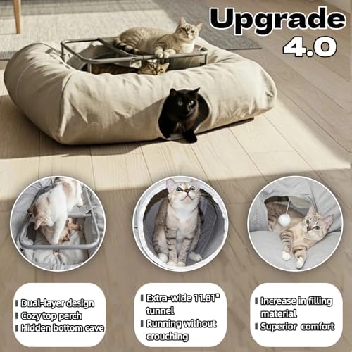 XXL 2-Tier Cat Tunnel & Hammock Bed, Scratch-Proof Linen, for All Cats Toys - Image 2
