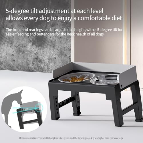 PAKEWAY Elevated Dog Bowls for Medium and Large Dogs, Spill-Proof Tiltable Dog Feeder with Slow Feeder Bowl and Stainless Steel Water Bowl, 6-Height Adjustable Raised Dog Bowl Stand - Image 2