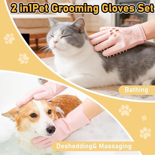 Hair Removal Glove & Pet Grooming Gloves 2 Pair, Upgrated Silicone Pet Hair Remover Gloves Shedding Glove for Long & Short Hair, Bath Grooming Glove with Gentle Brush for Horse Sensitive Pets, Pink - Image 2