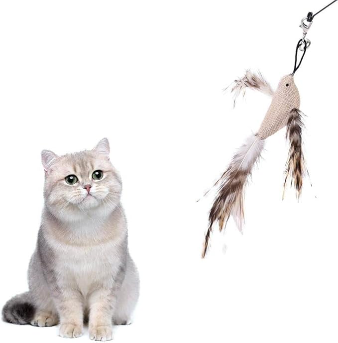 White Burlap Bird Cat Feather Toys, Interactive Toy with Refills, Wand Toy for Indoor Interactive Cat Feather Toys