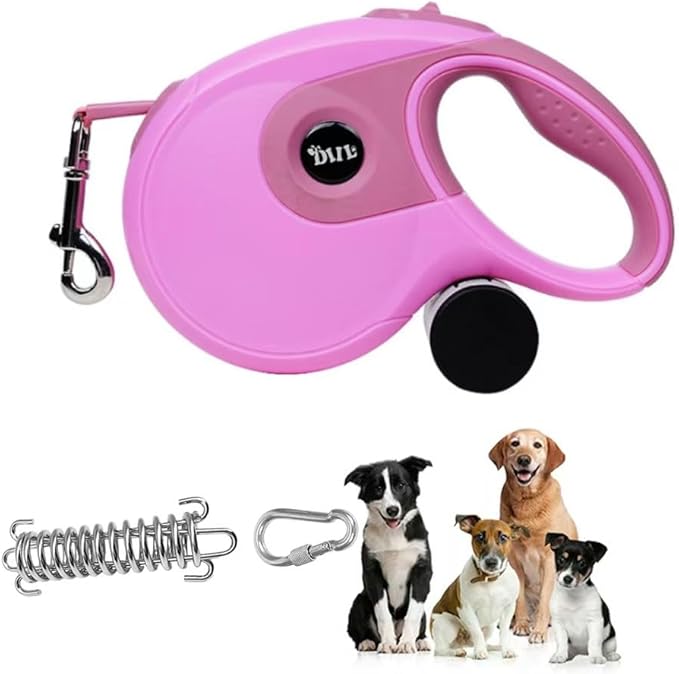 26 ft Retractable Dog Leash with Dispenser and 3 Pieces Poop Bags, Retractable Dog Leash for Small Medium Large Dogs up to 110lbs, Heavy Duty Design with Anti-Slip Handle (26FT-Pink)