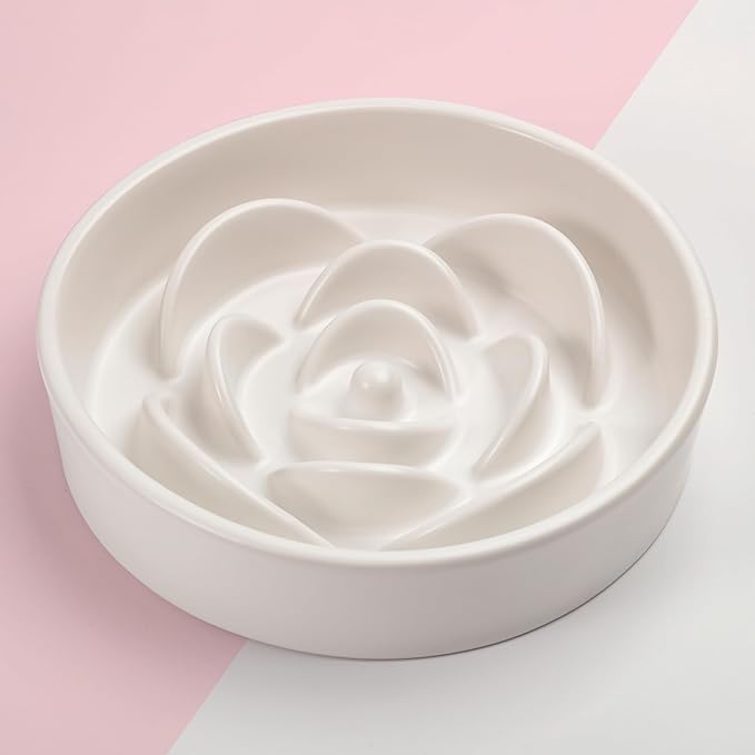 8.26 in White Dog Bowl Slow Feeder Ceramic for Medium and Large Breed, Elevated/Raised Slow Feeding Dog Food Water Dish Heavy Weighted,Puppy Dish for Fast Eaters,Puzzle Eating Bowl Modern Maze