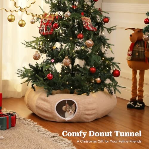 PEQULTI Beige Donut Cat Tunnel Bed Washable Plush Mat Multi for Small Pets - Image 2
