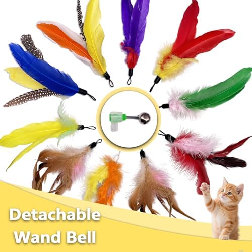 10 Pieces Cat Feather Toy Refills,Cat Wand Replacement Feathers Toys with Clip & Removable Bell,Wand Attachment Feather Toys for Indoor Cats (10 Pcs Feathers) - Image 2