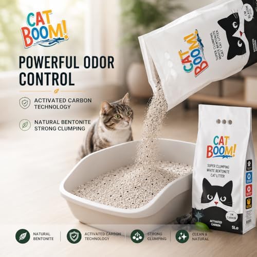 CatBoom Premium White Bentonite Clumping Clay Cat Litter Active Carbon| Super Absorbent Fine Granule Kitty Supplies | 99.5% Dust Free Multi-Cat Formula | Low Tracking Paw-Friendly 9.3 lb - Image 2