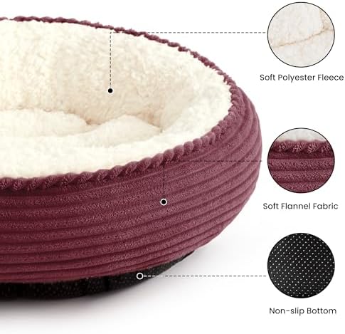 Love's cabin Round Donut Cat and Dog Cushion Bed, 24in Pet Bed for Small or Medium Dogs, Anti-Slip & Water-Resistant Bottom, Soft Durable Fabric Pet Beds, Washable Calming Cat Bed Burgundy Stripe - Image 2