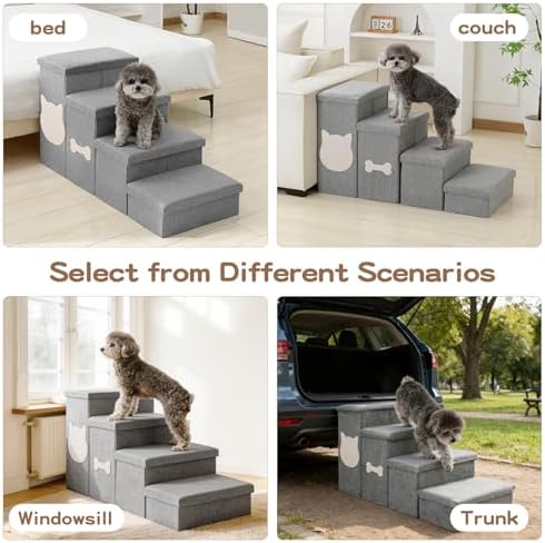 Dog Steps for High Bed, Foldable Dog Stairs with Storage, Grey - Image 2