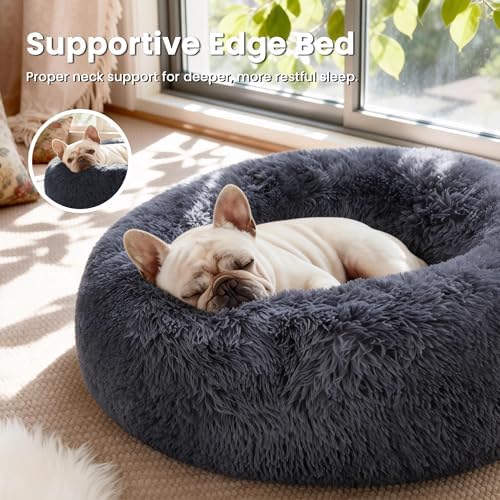 Love's cabin Calming Cat Bed for Indoor Cats, Anti-Anxiety Donut Round Dog Bed, Fluffy Faux Fur Washable Pet Bed for Small Medium Dogs and Cats, Bluish Grey, 20in - Image 2
