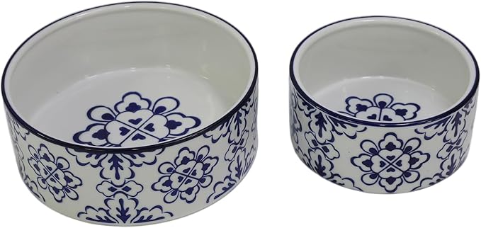 Ceramic 27 OZ Dog Bowls, Dog Food and Water Bowls Anti-Slip Dishes for Cats Small & Medium Sized Dogs Cats, Weighted Pet Bowls Vintage Blue and White,3.5 Cups