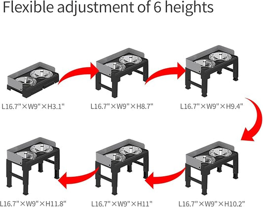 PAKEWAY Elevated Dog Bowls, Spill Proof, Tiltable Dog Feeder with 2 Stainless Steel Bowls, 6 Height Adjustable Raised Bowl