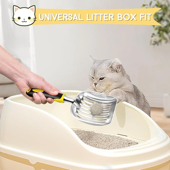 Cat Litter Scoop, Metal Cat Scooper, Rubber Handle Scoop, Sifting Shovel for Christmas â Heavy Duty Aluminum Alloy Litter Box Scoop with Deep Mesh, Design for Easy Waste Removal and Cleaning(Yellow)