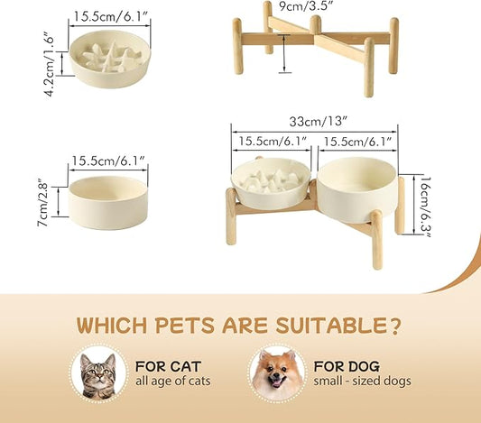 Ceramic 0.9 Cup Raised Slow Feeder Dog Bowl Set, Elevated 6.1inch Slow Dish and 6.1inch Water Bowl with Wooden Stand for Small Dogs (2 x Light Yellow+ Stand)