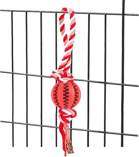 Interactive Dog Chew Toys Crate Training Aids for Puppies, Puzzle Treat Dispenser with Rope Dogs Toy Ball Reduce Stress Anxiety Peanut Butter Dog Food Treat Dispenser Toys (Red)