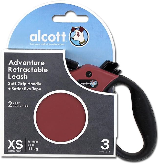 Alcott Adventure Retractable Reflective Belt Leash, 10' Long, Extra Small for Dogs Up to 25 lbs, Red with Black Soft Grip Handle