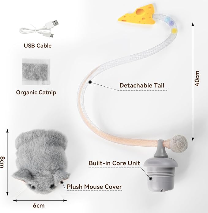 Migipaws Interactive MigiMouse Cat Toy 360° Rolling & Spin with Mesh Plastic Tail for Indoor Cats Smart Motion Sensor, Realistic Squeak, Rechargeable Plush Kitten Toy(Grey)