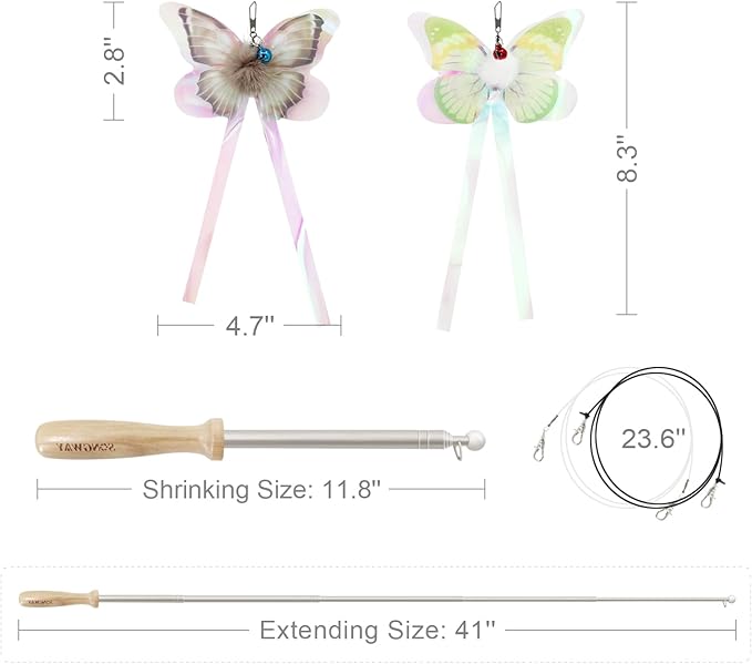 SONGWAY Cat Butterfly Toys Wand - 7 Pieces Cat Toy Set, Retractable Cat Wand with 6 Butterfly Cat Toys Replacement with Bells, Interactive Cat Toys for Indoor Cats Kittens