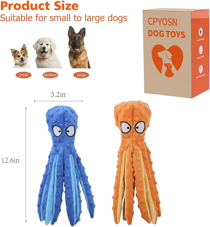 Octopus Squeaky Plush Dog Toys - No Stuffing, Crinkle, Durable for Puppy Teething, Small to Large Dogs, 2 Pack