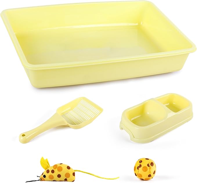 PAWISE Cat Litter Box Set, Small Kitten Starter Kit, Includes Litter Box, Litter Scoop, Double Dish Feeding Bowl, Cat Mouse Toy, Kitty Ball Toy, Yellow
