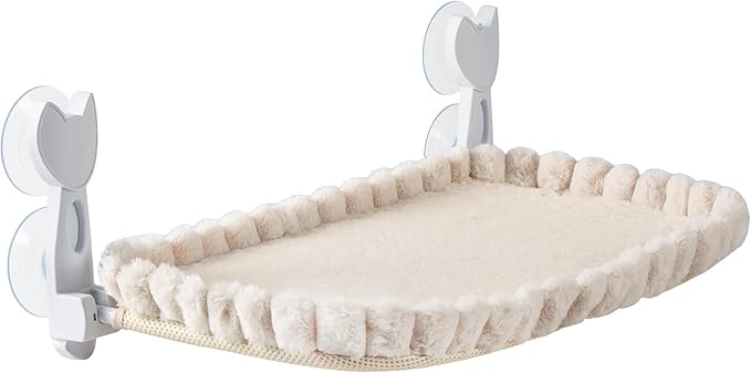 Cat Window Perch - Cordless Foldable Double-Sided Cat Hammock with Metal Frame, Machine Washable Bed for Large Cats & Kittens to Sunbathe Safely-Beige