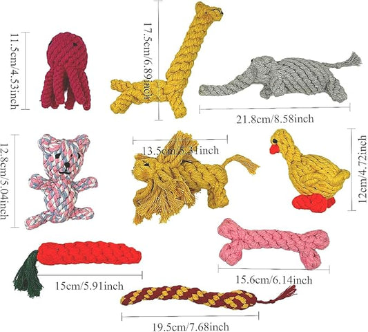 Dog Chew Toys for Small and Medium dogs, Animals and Fruits Shapes Cotton Rope Toys for Aggressive Chewers, Handwoven Interactive Dog Toys for Tug of War, Dental Health, Cleaning (9Pcs, Animals)