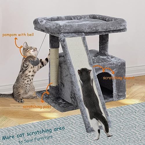 Small Cat Tree for Indoor Cats, Cat Tower with Scratching Post and Board, Cat House with Perch for Kitten, Stable Condo and Stand (Light Grey) - Image 2