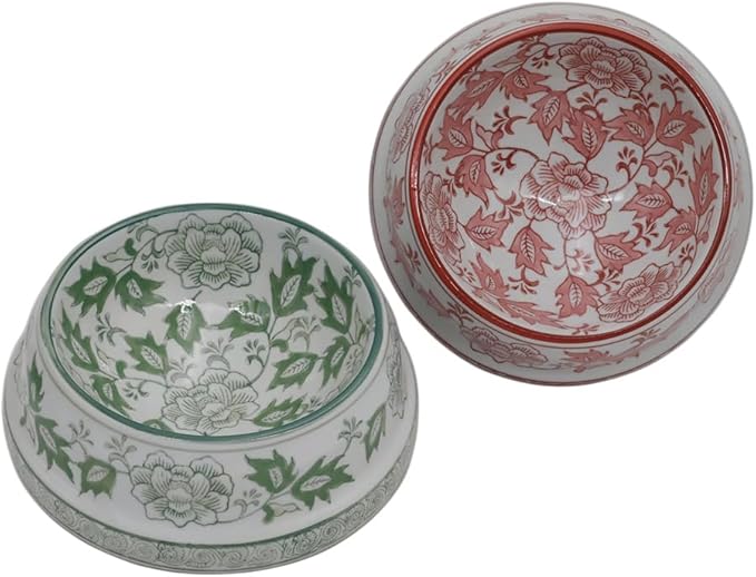 Aimusego Ceramic Green & White Dog Bowl 9inch Chinoiserie Hand Painted Pet Food Water Bowls, Dogs Cat Dish for Medium and Large Pet, Puppy-25OZ