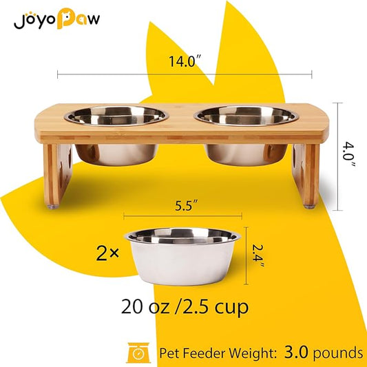 Elevated Dog Bowls, Bamboo Raised Dog Bowl for Small Dogs & Cats, with 2 Stainless Steel Bowls (4'' Tall-20oz Bowl)