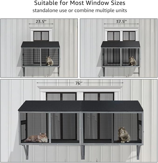 beeNbkks Bug Proof Cat Catio, Window Cat House with Metal Mesh, Outdoor Enclosure for Indoor Pets, Expandable Wooden Perch, Safe Comfortable Haven for Pets, Keep Bugs Insects Out