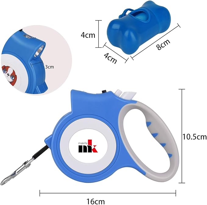 Retractable Dog Leash with LED Light Makife 5m Extendable Dog Lead for Small Medium Puppis up to 25kgs, One-Hand Brake & Lock System, Ergonomic Handle - Blue