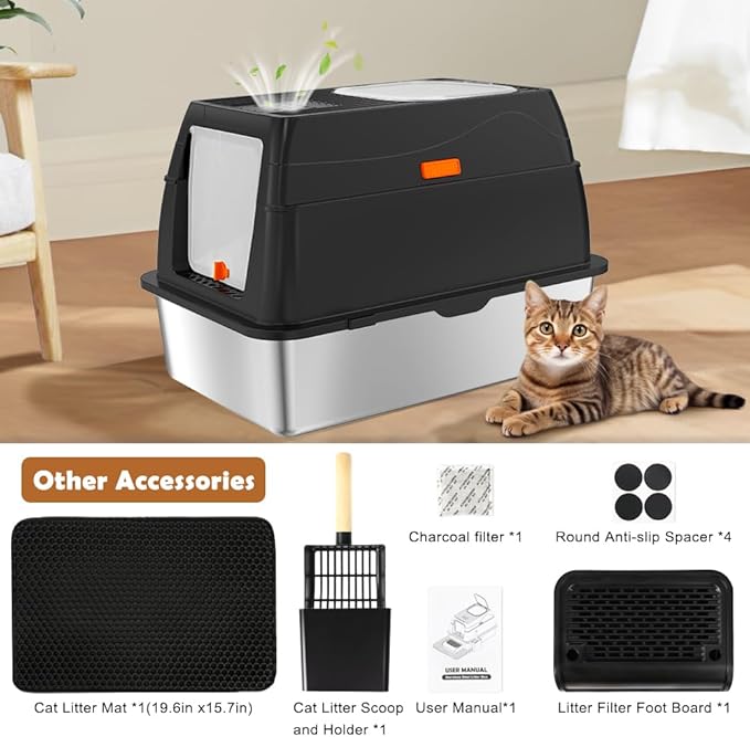 Vivifying Stainless Steel Litter Box with Lid, XL Front Entry Enclosed Extra Large Litter Box for Big Cats & Kitty, Top Exit Metal Cat Pan with Scoop, Mat, Footboard, Charcoal Filter (Black)